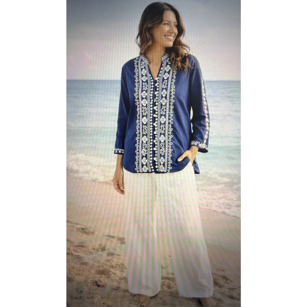 Chico's women's xl embroidered navy bohemian beach vacation tunic shirt ocean